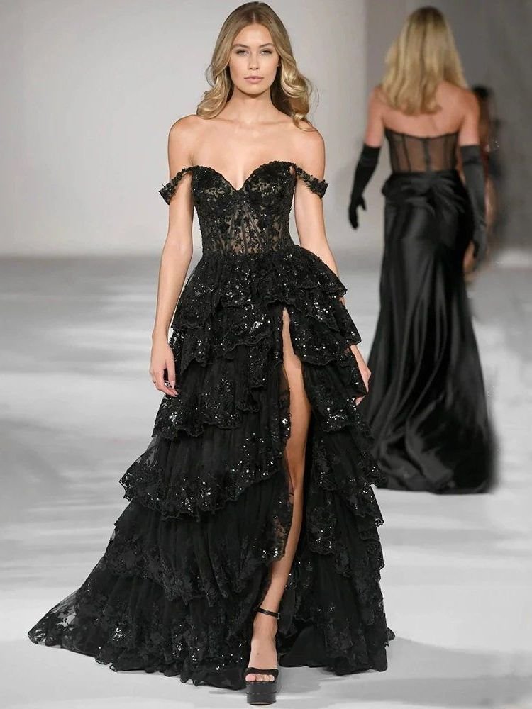French Black Satin Banquet Party Dress - Image 4
