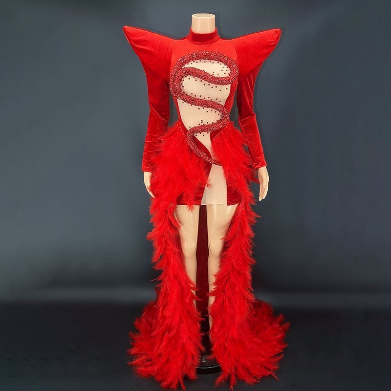 Rhinestone Feather Dress Party Stage - Image 4