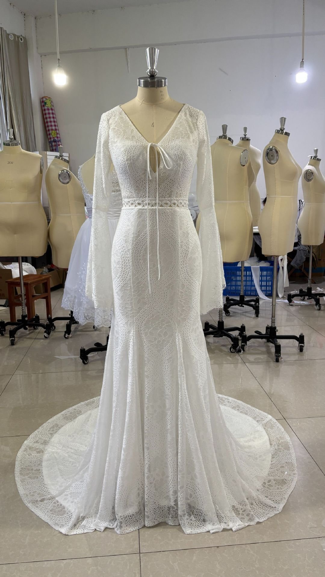 Bell Sleeve Lace Backless Bridal Light Wedding Dress - Image 5