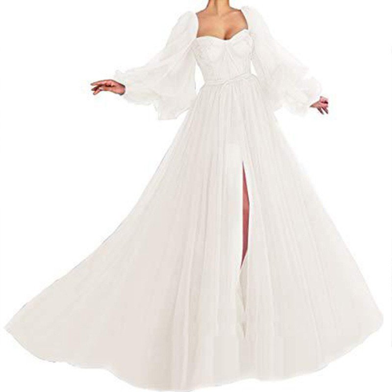 Women's Wish One-shoulder Mesh Long-sleeved Wedding Dress With Big Swing Dress New - Image 4
