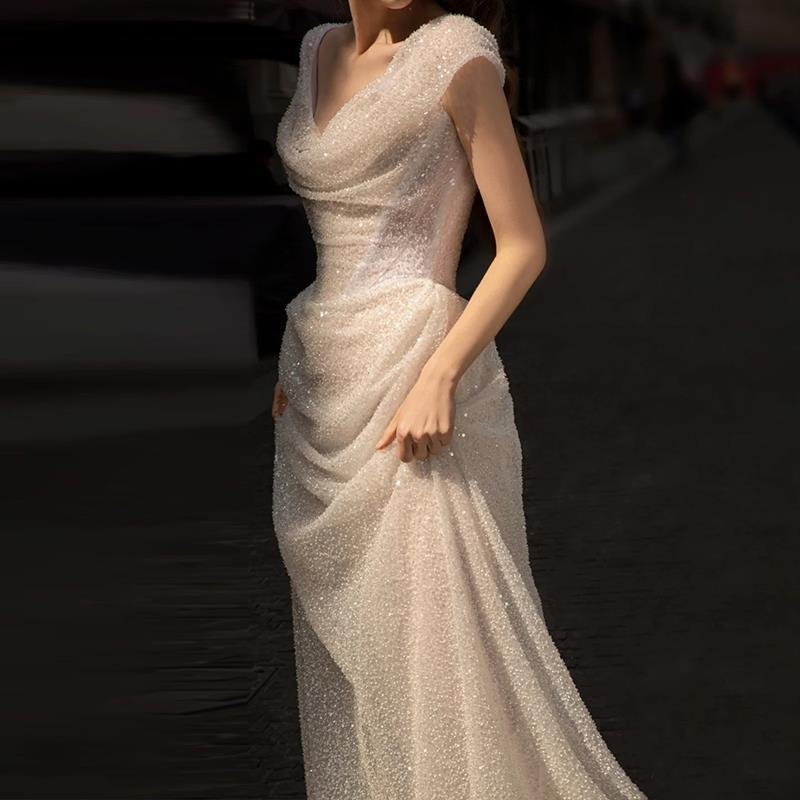 Bridal Hepburn Style Wedding Veil Trailing Off-shoulder Evening Dress - Image 9
