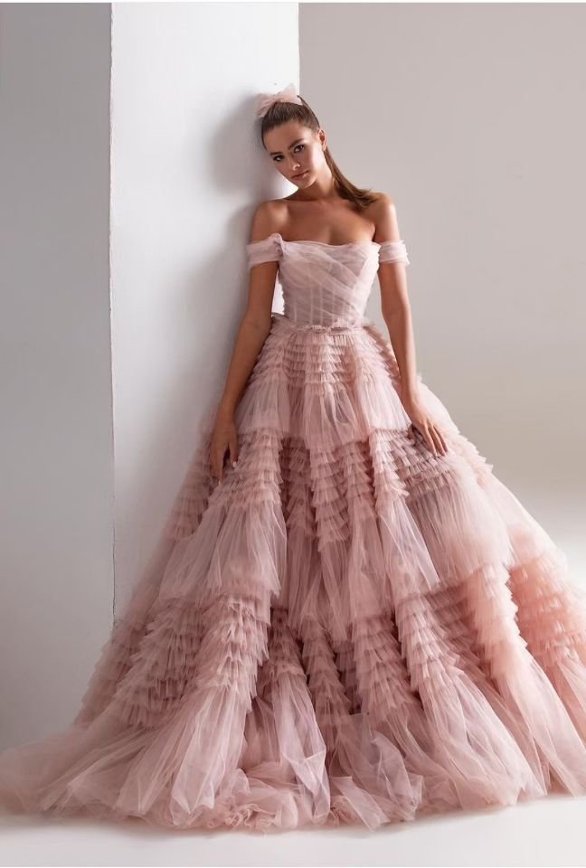 Bridal Wedding One Line Neck Lacquer Mesh Dress - Image 5