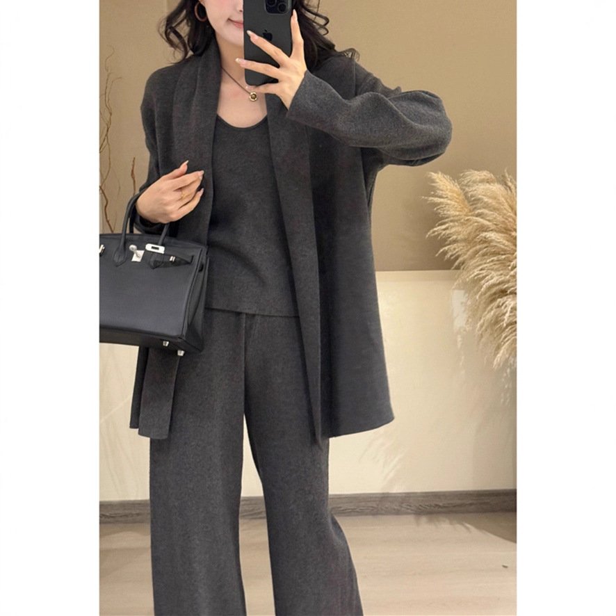 Fashionable Knitted Three-Piece Set With Womens Wide-Leg Pants - Image 6