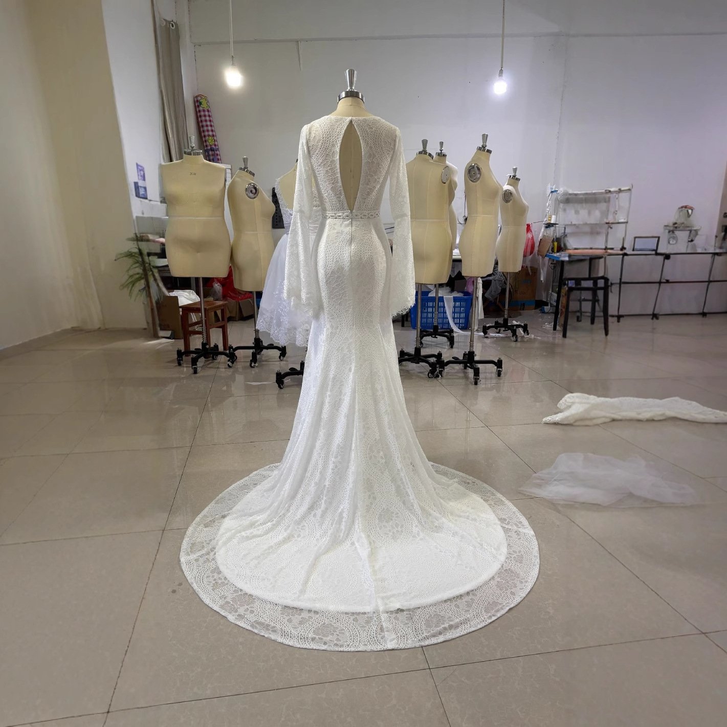 Bell Sleeve Lace Backless Bridal Light Wedding Dress - Image 6