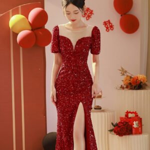 Ladies Wine Dress Bridal Burgundy Sequins
