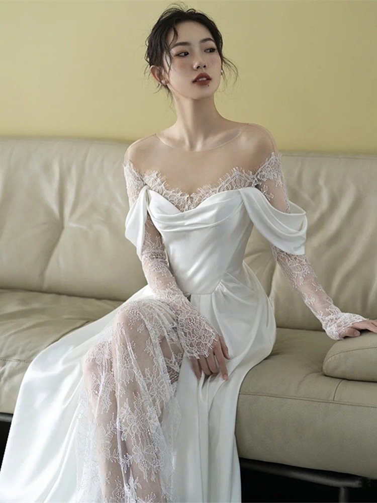 New Bridal Retro Lace Off Shoulder Light Dress - Image 4