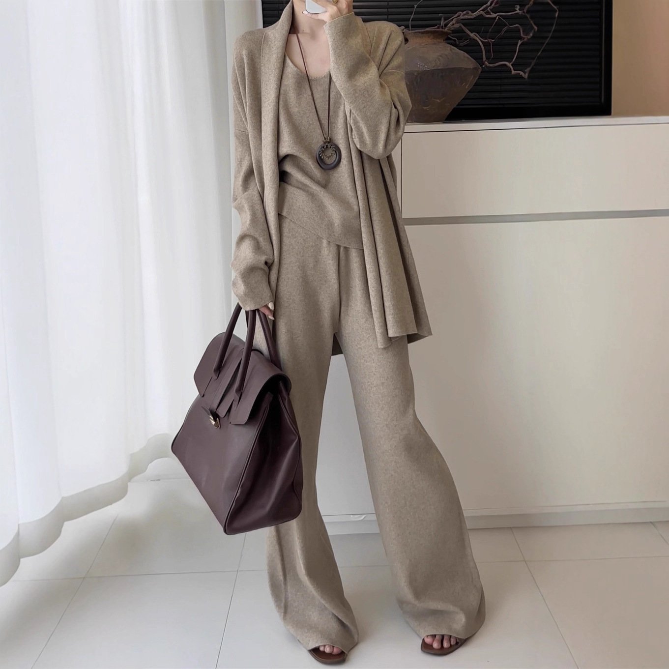 Fashionable Knitted Three-Piece Set With Womens Wide-Leg Pants