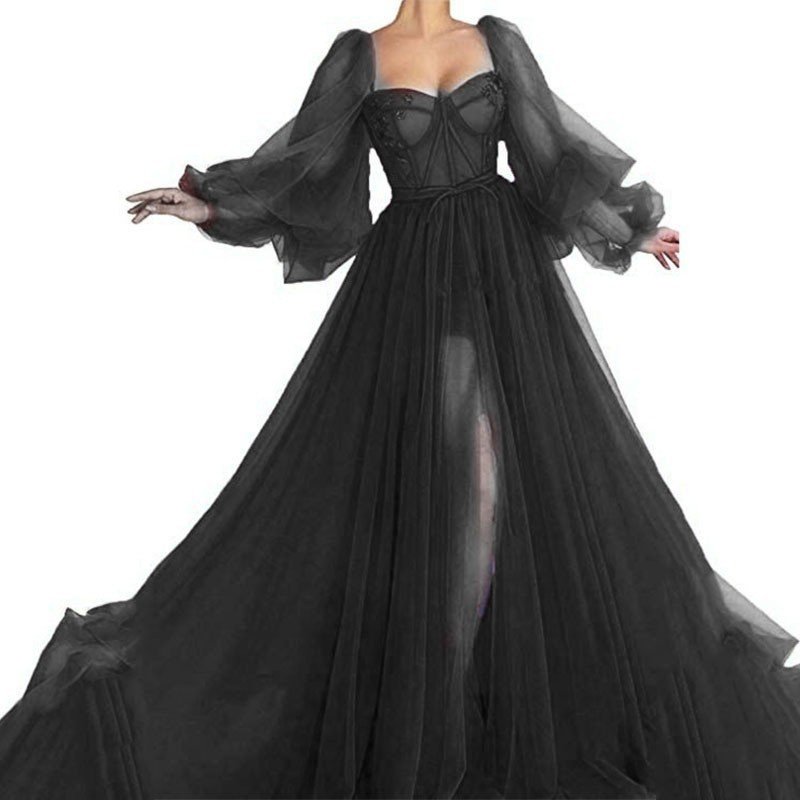 Women's Wish One-shoulder Mesh Long-sleeved Wedding Dress With Big Swing Dress New - Image 6