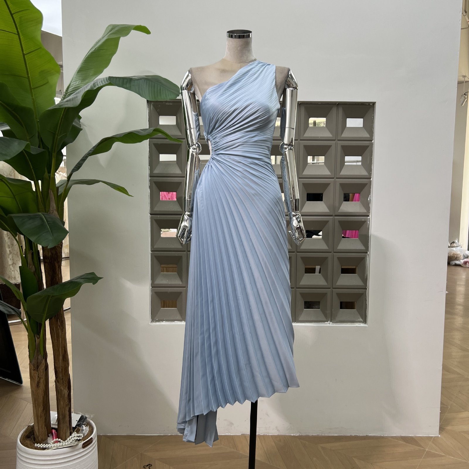 One-shoulder Pleated Hollowed-out Midriff Outfit Irregular Skirt For Women Dress