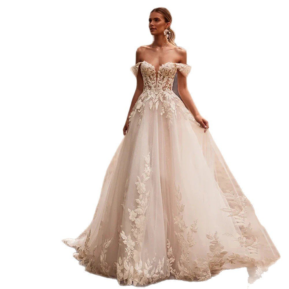 Light-luxury White Off-the-shoulder Bridal Wedding Gown With A Small Train - Image 5